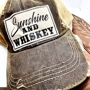 SUNSHINE AND WHISKEY! Brand New Distressed style adjustable baseball cap.